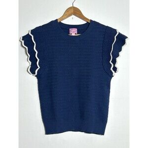 Muse Navy Blue Knit Sweater Top Scallop Sleeve White Trim Size M
